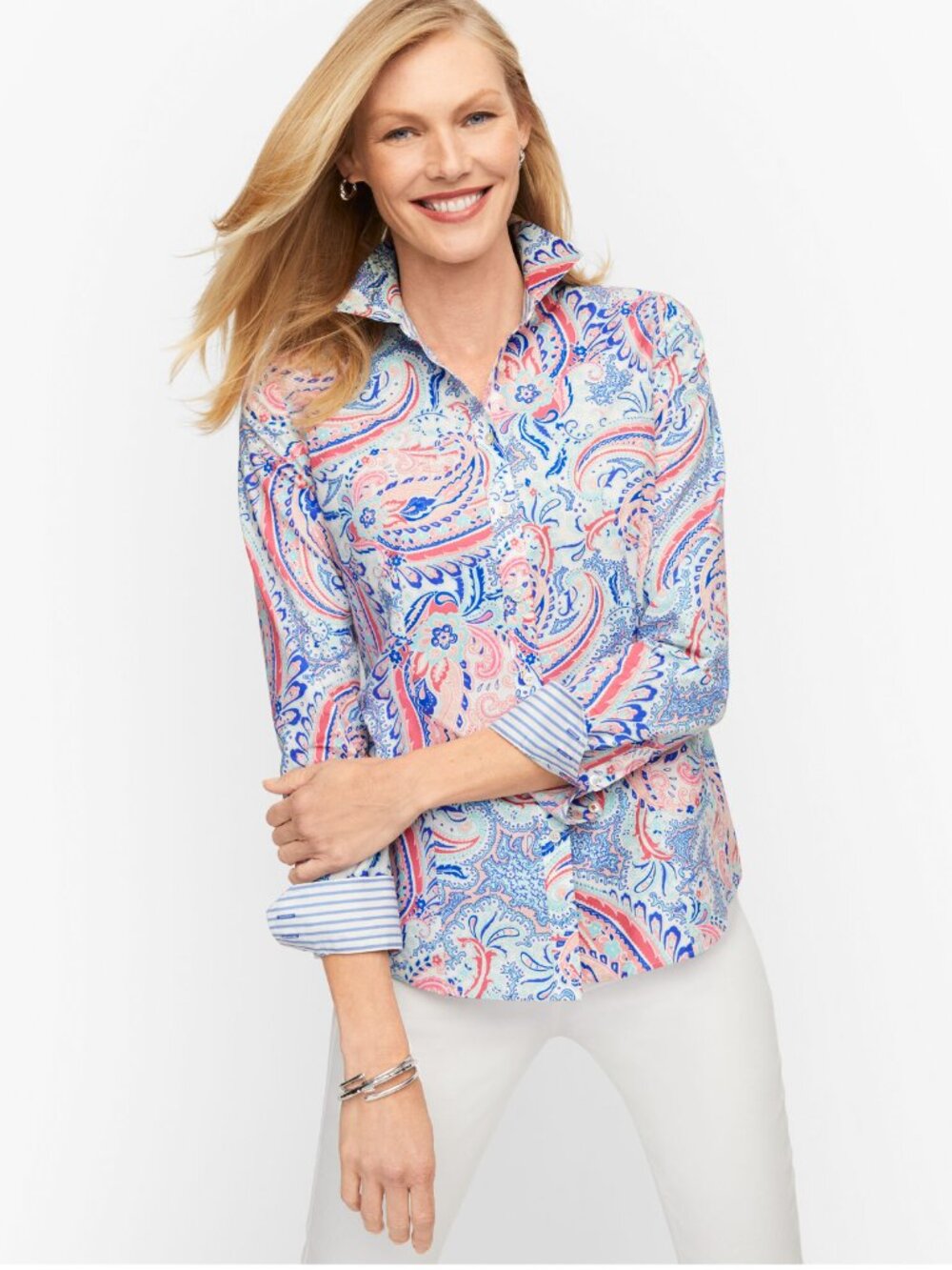 TALBOTS No Iron Perfect Shirt Paisley Pop Pink & Blue Size 16